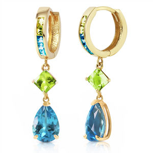 14K. GOLD HUGGIE EARRING WITH PERIDOTS & BLUE TOPAZ (Yellow Gold)